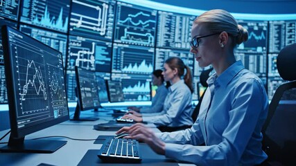 Female analyst in a blue shirt engages with multiple computer screens displaying data visualizations, showcasing a continuous workflow in a high-tech environment with graphs and statistics - Powered by Adobe