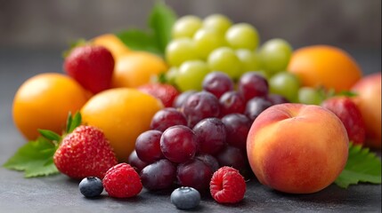 A vibrant assortment of fresh juicy fruits including berries grapes and a peach arranged for a healthy eating display
