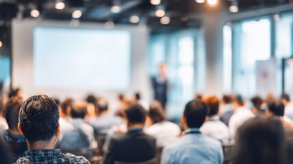 Audience at Business Conference with Speaker on Stage, Projector Screen, and Bright Background