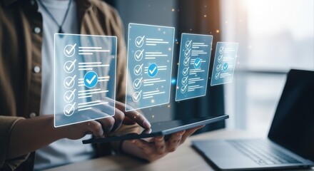 Digital Checklist on Tablet Displayed by Business Professional, Representing Efficiency and Task Management