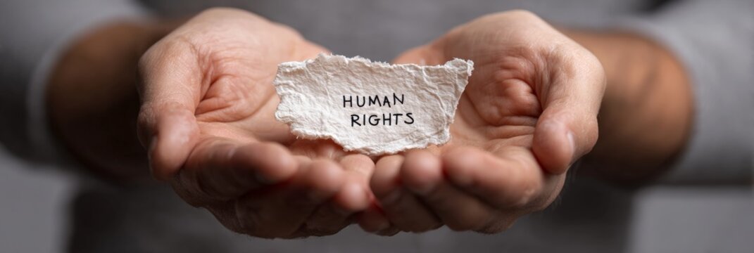 Open hands holding a small piece of paper with the inscription human rights, highlighting the importance of fundamental rights and freedoms for all individuals