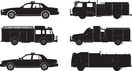 Collection of Black Silhouettes of Emergency Vehicles and Police Car on White Background Keywords: emergency vehicles, police car, fire truck, ambulance, rescue, vehicle, transportation