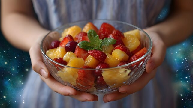Hands holding a glass bowl of fresh fruit salad with mint garnish against a starry cosmic background - Powered by Adobe