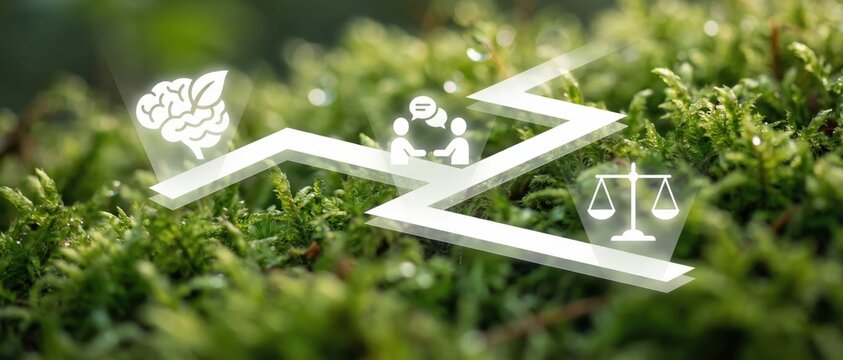 Pathway to Balance: An abstract representation of mental, physical, and ethical harmony is visualized, tracing a delicate path through a natural mossy landscape, symbolizing holistic wellness.