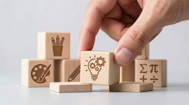 Creative Idea and Innovation: A close-up shot captures the hand carefully arranging wooden blocks featuring symbols representing creativity, innovation, and learning.