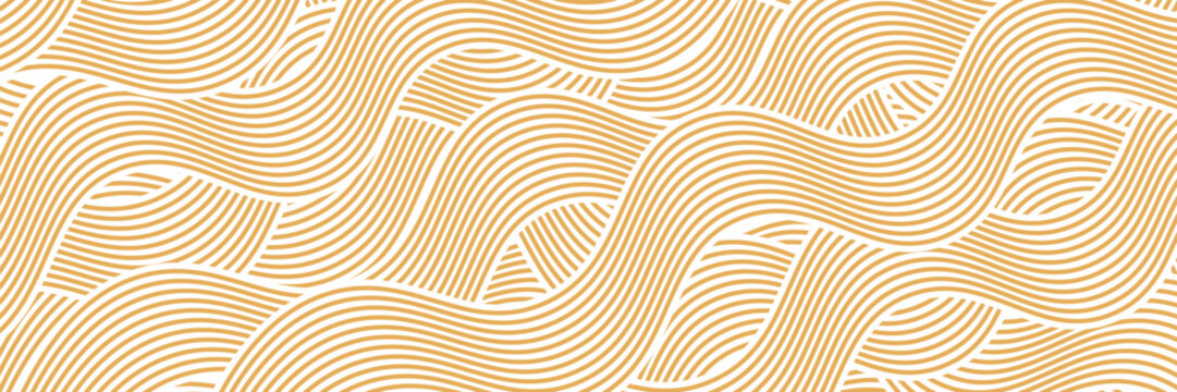 Curvy yellow lines. Ramen or noodle pattern. Pasta, tagliatelle or capellini background. Wavy spaghetti texture. Banner with traditional Italian, Chinese of Japanese food print. Vector illustration.
