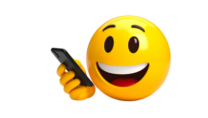 Yellow smiley face holding a black mobile phone with a smiling expression and visible teeth against a plain pure white background cutout