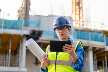 Portrait of Female construction supervisor reviews plans while ensuring safety protocols followed at busy building site with cranes and workers present, focused on efficient project management