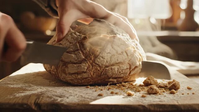 Hands slice through a rustic loaf of bread on a wooden cutting board, revealing soft interior while crumbs scatter, showcasing the art of bread cutting in a cozy kitchen