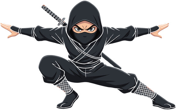 Cartoon ninja character in crouching pose with katana sword, black outfit, stealth action stance, martial arts vector illustration design