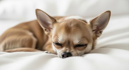 Obraz premium Sleepy Chihuahua Resting Comfortably on White Bedding, Capturing a Moment of Canine Tranquility and Relaxation