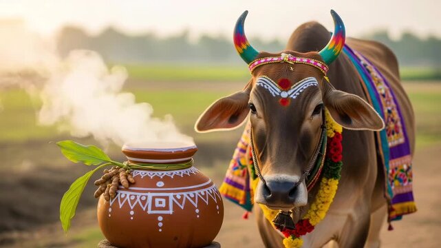 A traditional decorated brown pongal clay pot steaming on a wood fire beside a cow adorned with painted horns and flower garlands in a rural field for harvest celebration, makar sankranti and lohri