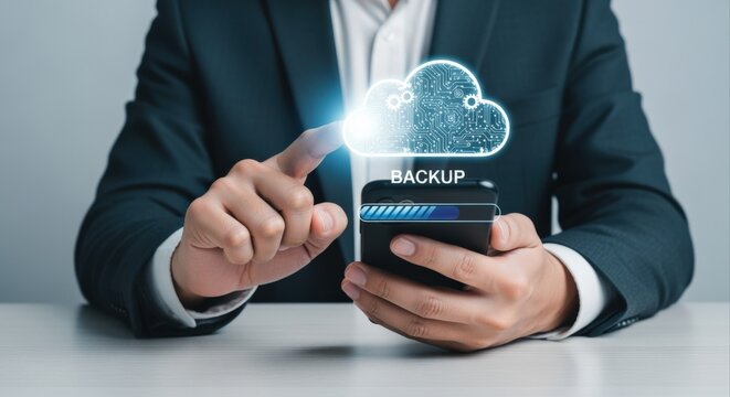 Cloud Backup Solution: Business Man Synchronizing Data on Smartphone for Secure File Storage and Recovery - Powered by Adobe
