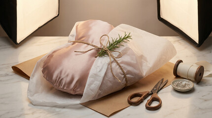 Wrapped silk cushion with twine and rosemary on marble surface  