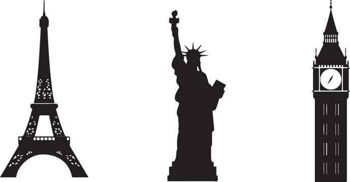Iconic global landmarks silhouettes including Eiffel Tower Statue of Liberty and Big Ben on a white background Keywords: Eiffel Tower Statue of Liberty Big Ben landmark silhouette Paris France New