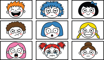 Cartoon kids faces showing emotions like happy, sad, angry, surprised, scared, neutral &ndash; educational vector for feelings recognition learning
