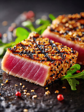 Gourmet seared ahi tuna steak encrusted with black and white sesame seeds served on dark stone plate with fresh green arugula garnish and red peppercorns for a premium restaurant seafood dining theme