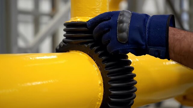 Close-up of a gloved hand adjusting a flexible bellows on industrial yellow pipes.