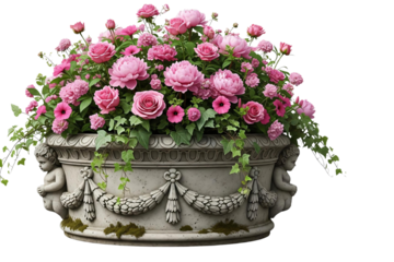 Ornate stone planter with pink roses isolated on transparent background
