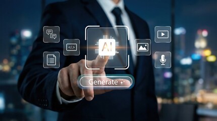 Businessman activating AI-powered content generation with futuristic interface,showcasing artificial intelligence tools for media,writing and innovation