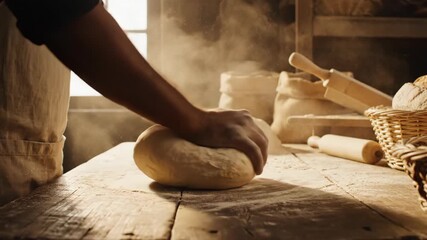 Hands of a baker knead dough on a wooden table, surrounded by flour and baking tools, showcasing the process of bread preparation and texture development