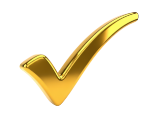 Golden glossy check mark symbol on transparent background for premium quality and achievement