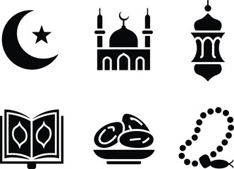 Ramadan Prayer Icons Vector – Black Mosque and Islamic Silhouettes © Nadia