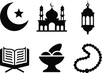 Ramadan Prayer Icons Vector – Black Mosque and Islamic Silhouettes © Nadia