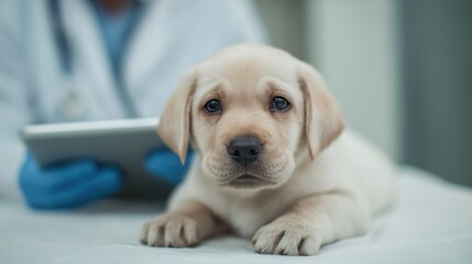 Adorable Labrador puppy at the veterinarian's office receiving a check-up
