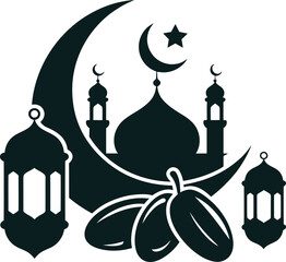 Ramadan Iftar illustration, Black Silhouette Food and Moon Symbols © Nadia