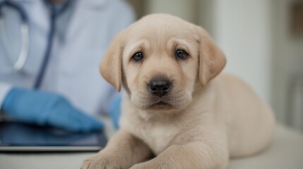 Adorable Labrador puppy at the veterinarian's office receiving a check-up
