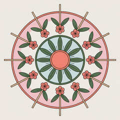 Vibrant floral mandala design with pink flowers and green leaves