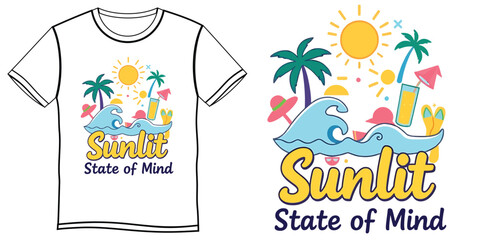 Vector illustration of a tropical summer sale poster and party flyer design featuring beach palms and sea elements for fashion apparel and cotton t-shirt clothing