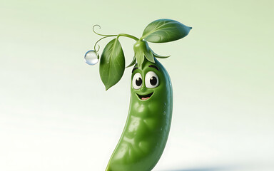 A cheerful green pea pod with a face and leaves on a gradient background
