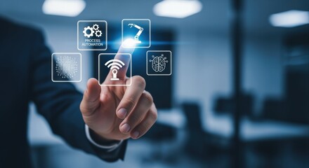 Obraz premium Businessman's Hand Touching Virtual Interface Displaying Automation, Artificial Intelligence, and Robotics Icons for Business Growth