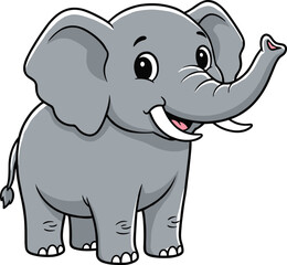 Obraz premium Cartoon gray elephant with big ears, smiling face, raised trunk, white tusks, cute animal character for kids and education