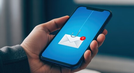 Smartphone displaying email phishing scam with hook symbolizing online security threat and vulnerability
