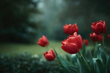 Vibrant red tulips bloom in a lush garden with soft, misty background lighting