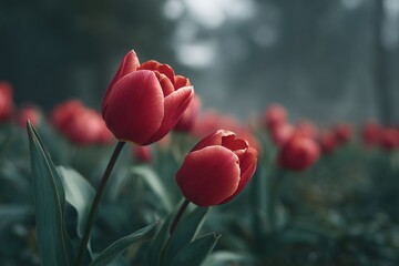 Vibrant red tulips bloom in a lush garden with soft, misty background lighting