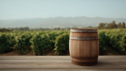 Wooden barrel sits on a wooden surface with a vineyard in the background