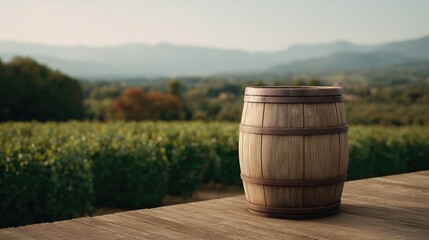 Wooden barrel sits on a wooden surface with a vineyard in the background