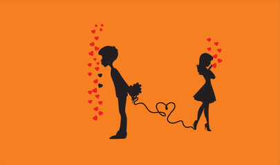 Romantic Valentine Silhouette Couple with Hearts and Love String Illustration