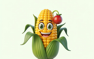 Smiling cartoon corn with tomato