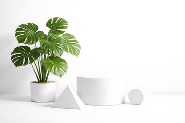 Green monstera plant in white pot with geometric shapes