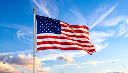 Fototapeta premium American flag waving on pole against bright sky with scattered clouds and patriotic symbolism.