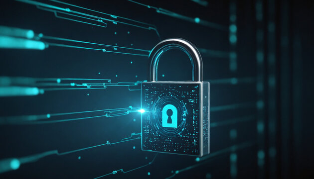 Abstract cybersecurity background with blue digital lock and data streams.