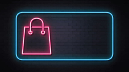 Neon shopping bag sign glowing in a dark setting