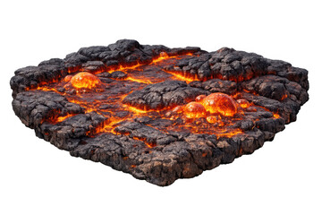 Volcanic lava flow bubbling and glowing on dark fractured rock, showing molten magma with transparent background