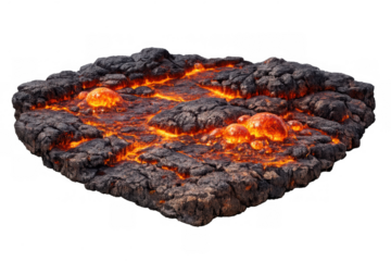 Volcanic lava flow bubbling and glowing on dark fractured rock, showing molten magma with transparent background