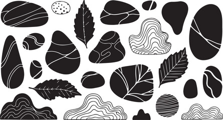 Black and white illustration of leaves and stones pattern